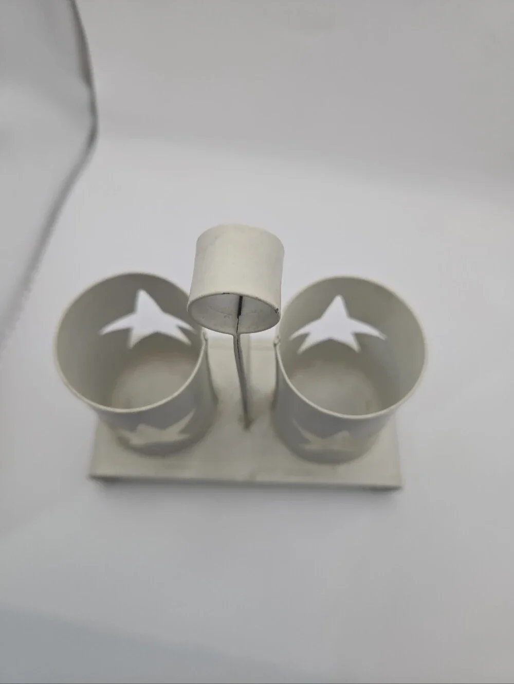 Rustic White Metal Double Tealight Candle Holder w/ Star Cutouts Farmhouse Decor